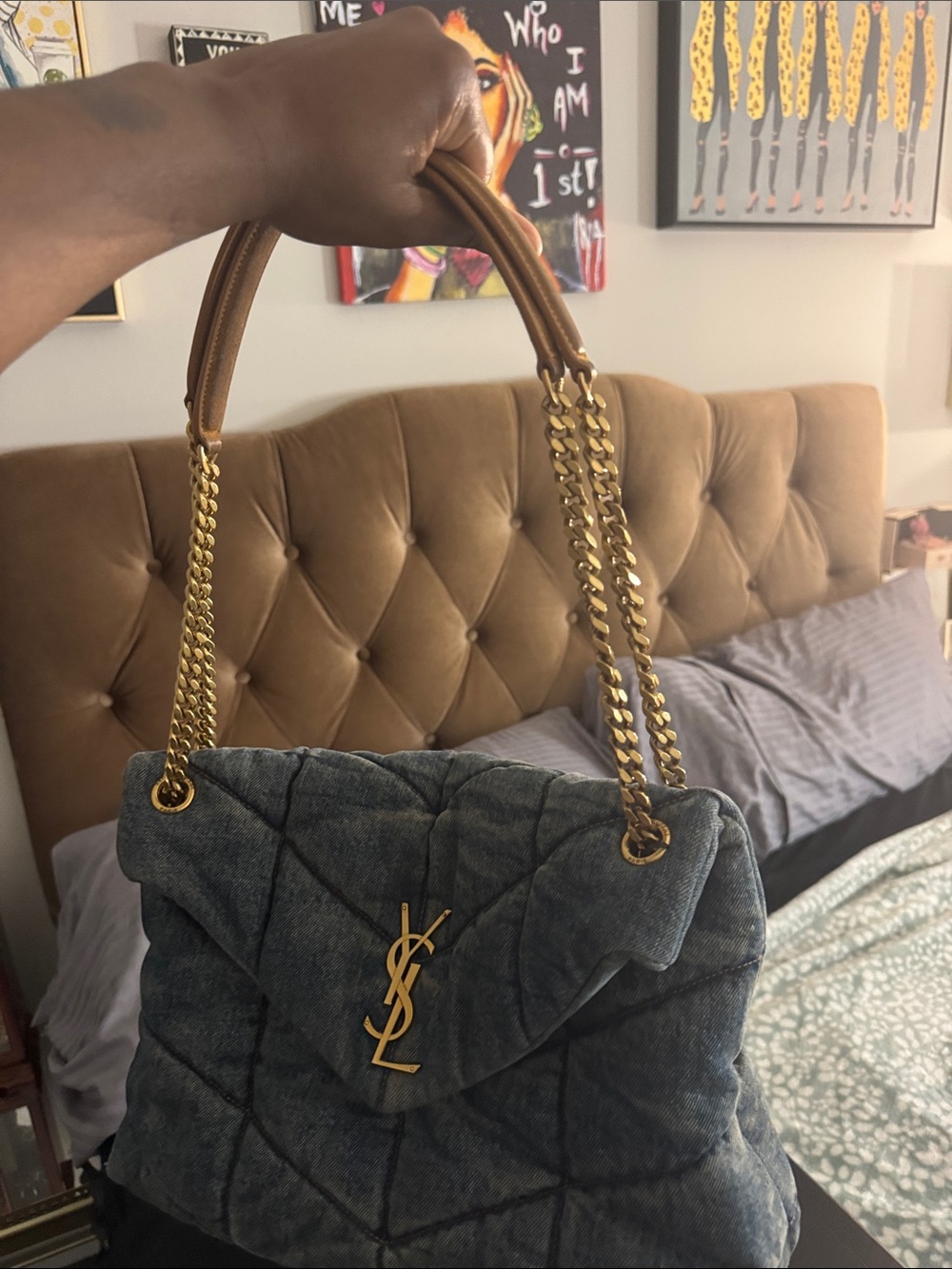 Saint Laurent Denim Quilted Chain Shoulder Bag with Gold YSL Hardware - Picture 2 of 11